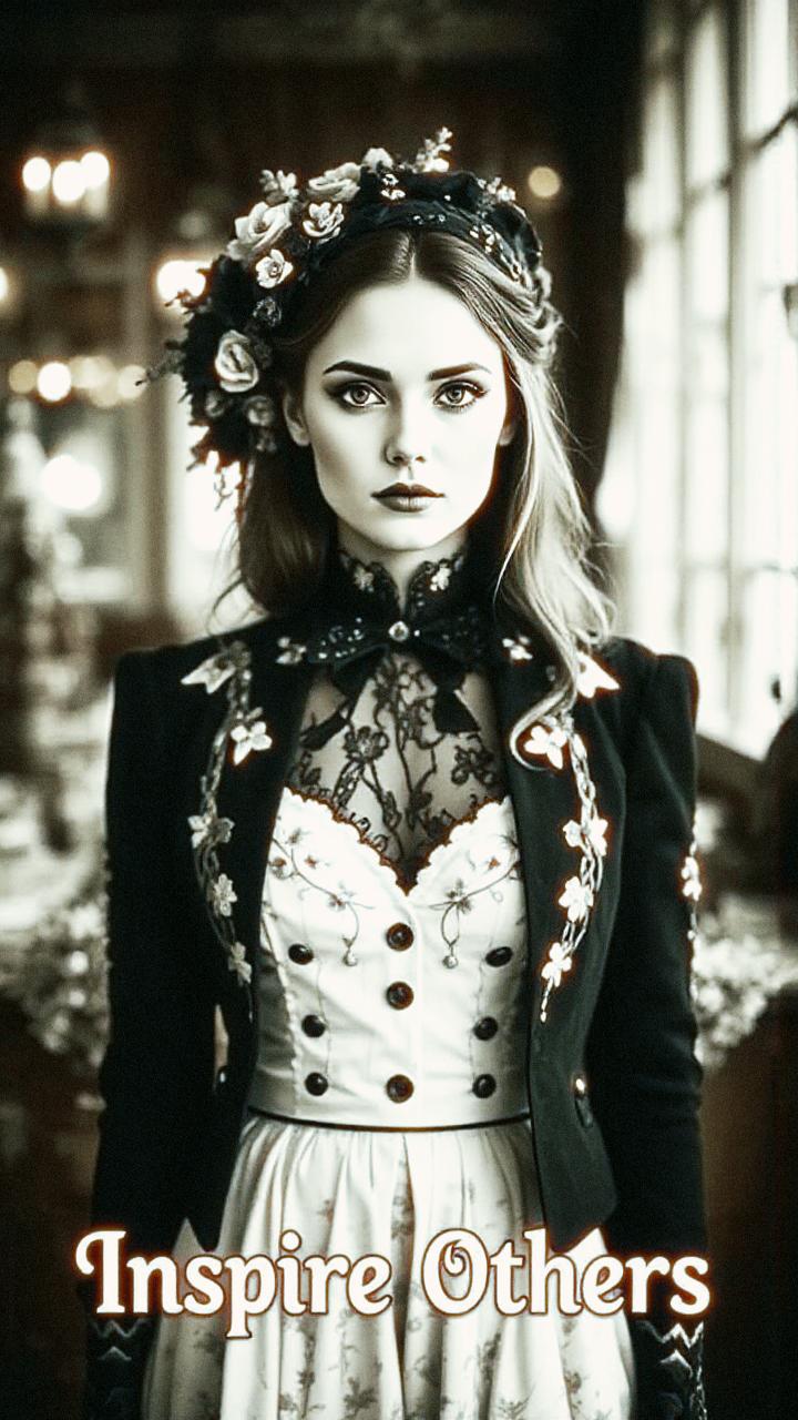 A confident woman exudes vintage elegance in a lace dress, embroidered jacket, and floral headpiece. Sepia tones enhance the classic fashion vibe; "Inspire Others" reads below.