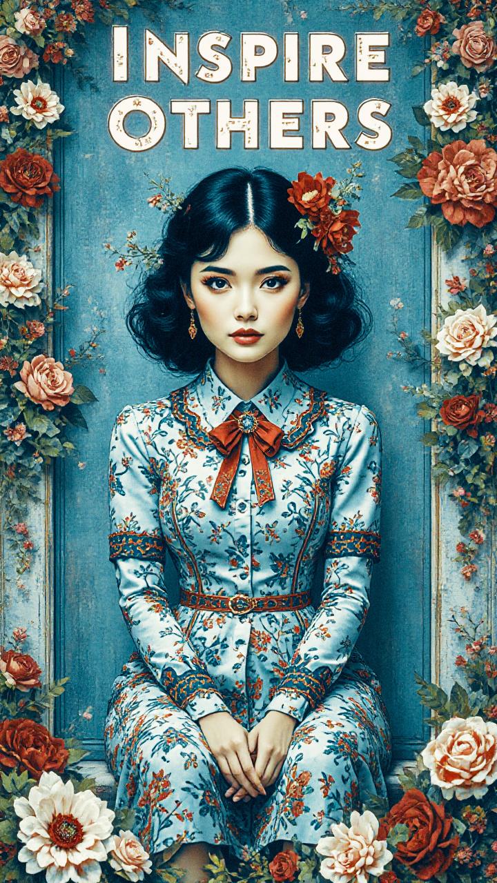 A stylish woman in vintage floral fashion sits amid a rosy frame, set against a retro blue backdrop. "Inspire Others" graces the scene.