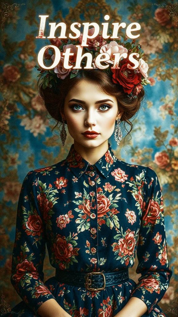 A stylish woman blends seamlessly into a floral tapestry, donning a chic floral dress and headpiece. "Inspire Others" graces the scene above.