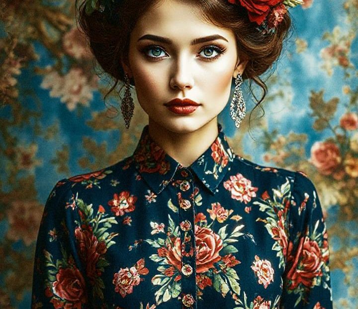 A stylish woman blends seamlessly into a floral tapestry, donning a chic floral dress and headpiece. "Inspire Others" graces the scene above.