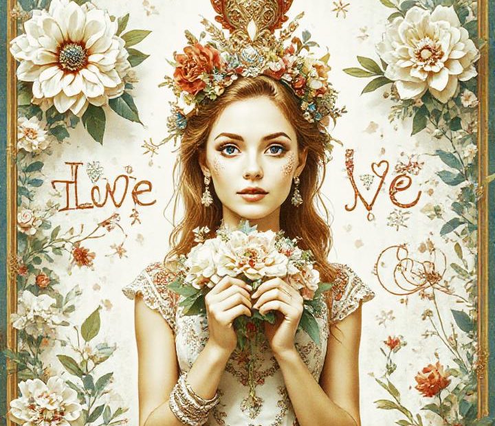 A stylish woman in a floral dress stands against a matching background, holding flowers. "Inspire Others" & "Love" elegantly frame her. Vintage chic!.