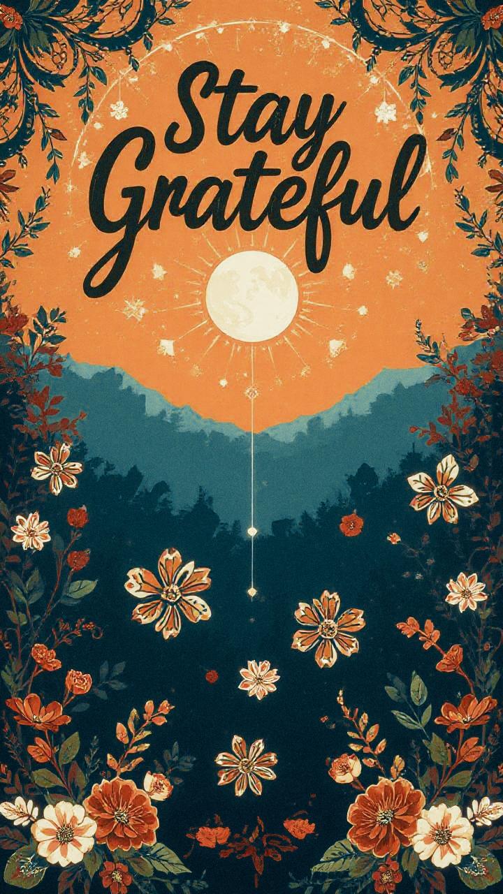 A "Stay Grateful" script in a sunlit moon backdrop, framed by vibrant florals. The blue mountains and orange sky evoke bohemian charm.