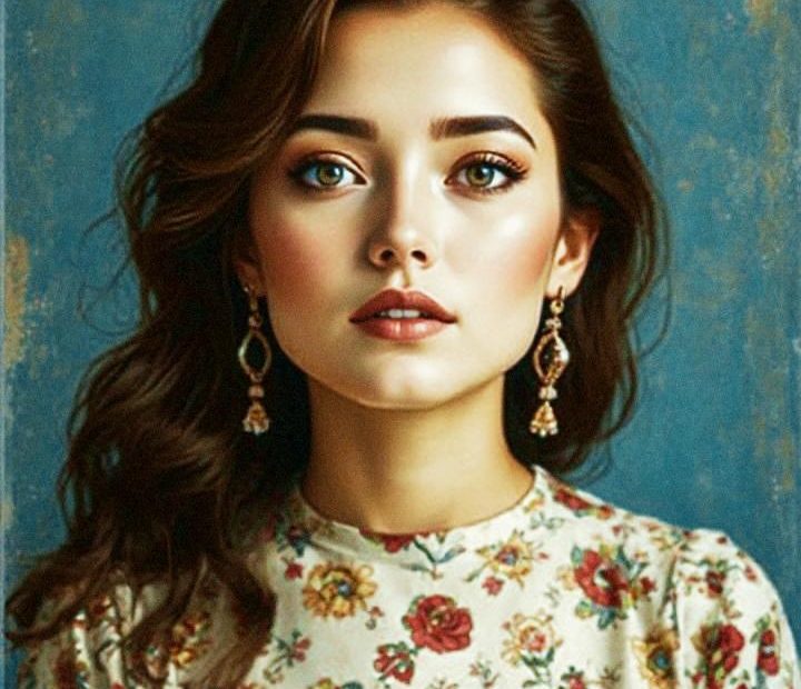A woman exudes boho chic with wavy hair and floral flair—earrings, top, and backdrop. "Stay Grateful" adds a whimsical touch.