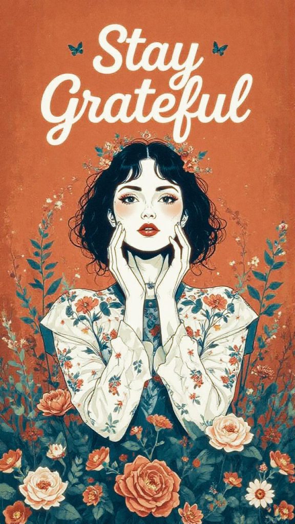 A stylish woman with dark hair in a floral dress poses among flowers and butterflies. Bold text reads, "Stay Grateful". Orange backdrop.