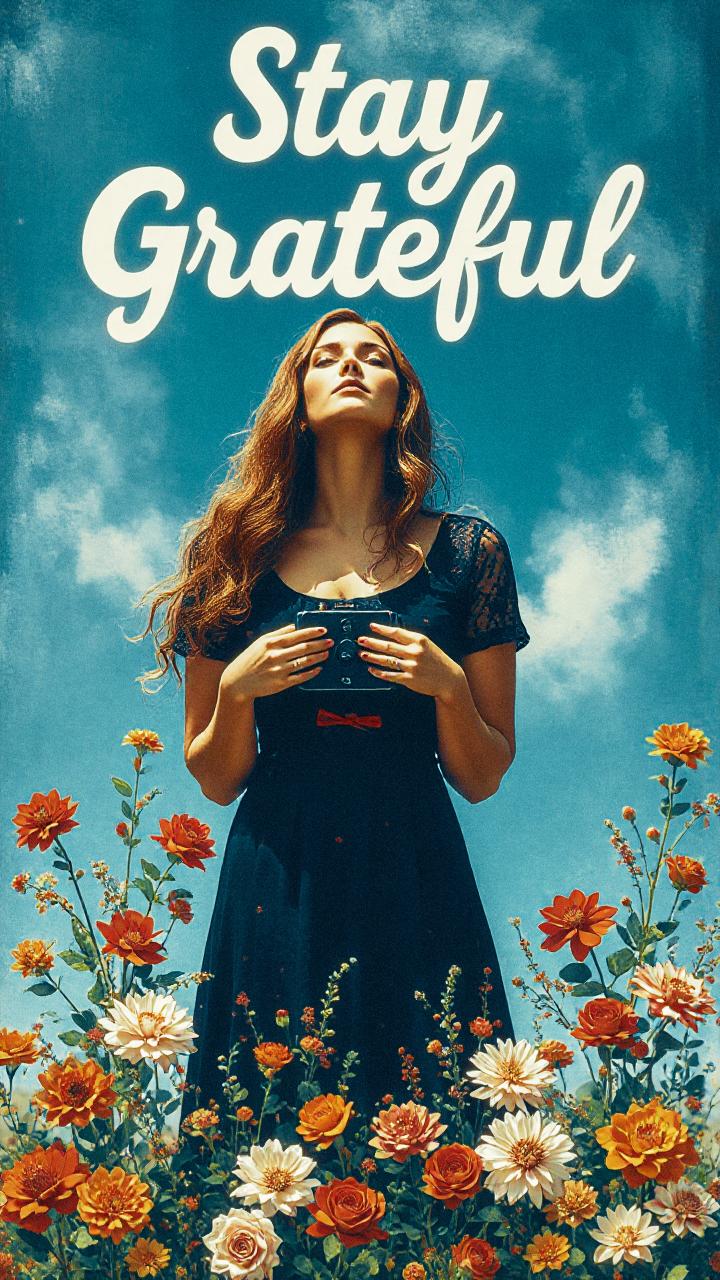 A woman in a chic black dress stands amid vibrant blooms, gazing skyward. "Stay Grateful" floats above, blending serenity with style.