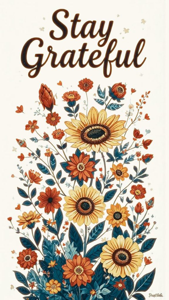 Vibrant sunflower illustration with "Stay Grateful" inscribed, showcasing nature-inspired fashion's embrace of warm, earthy tones.