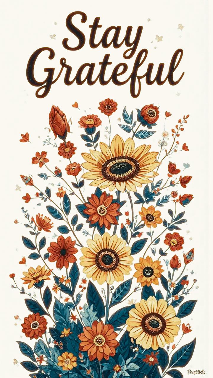Vibrant sunflower illustration with "Stay Grateful" inscribed, showcasing nature-inspired fashion's embrace of warm, earthy tones.