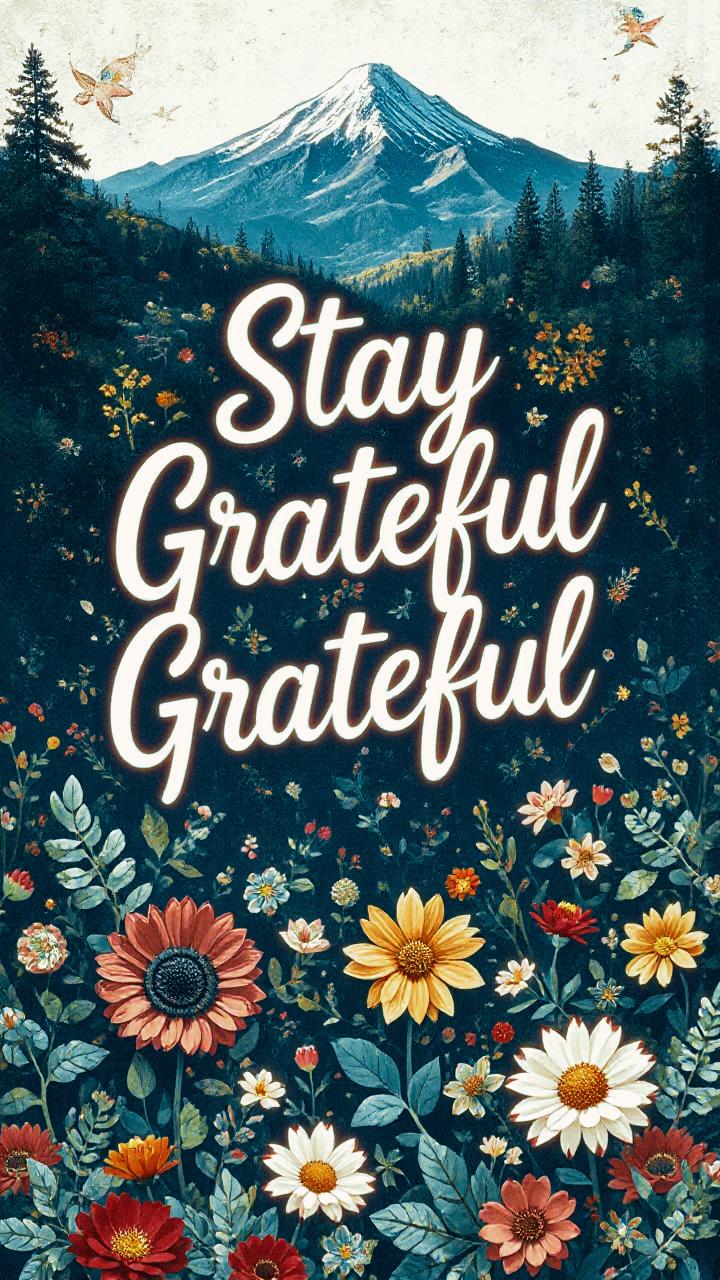 A serene mountain scene bursts with vibrant florals and flitting butterflies, set against bold text: "Stay Grateful." Nature-inspired fashion vibes.