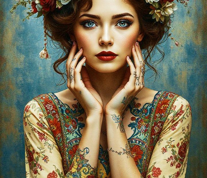 A woman in a vibrant floral headdress and intricate patterned dress strikes a pose against a muted blue-and-gold backdrop, exuding bold elegance.
