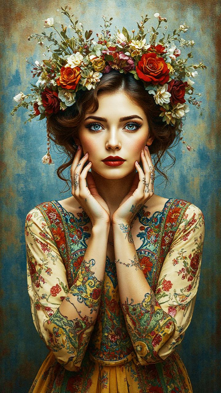 A woman in a vibrant floral headdress and intricate patterned dress strikes a pose against a muted blue-and-gold backdrop, exuding bold elegance.