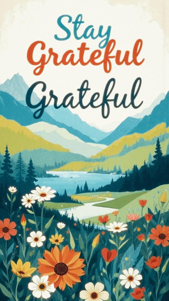 A vibrant scene of mountains and river amidst wildflowers, with "Stay Grateful" in bold—a nod to nature-inspired fashion trends.