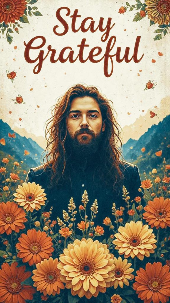 A bearded individual with long hair stands stylishly among vibrant orange blooms and butterflies, "Stay Grateful” elegantly scripted above.