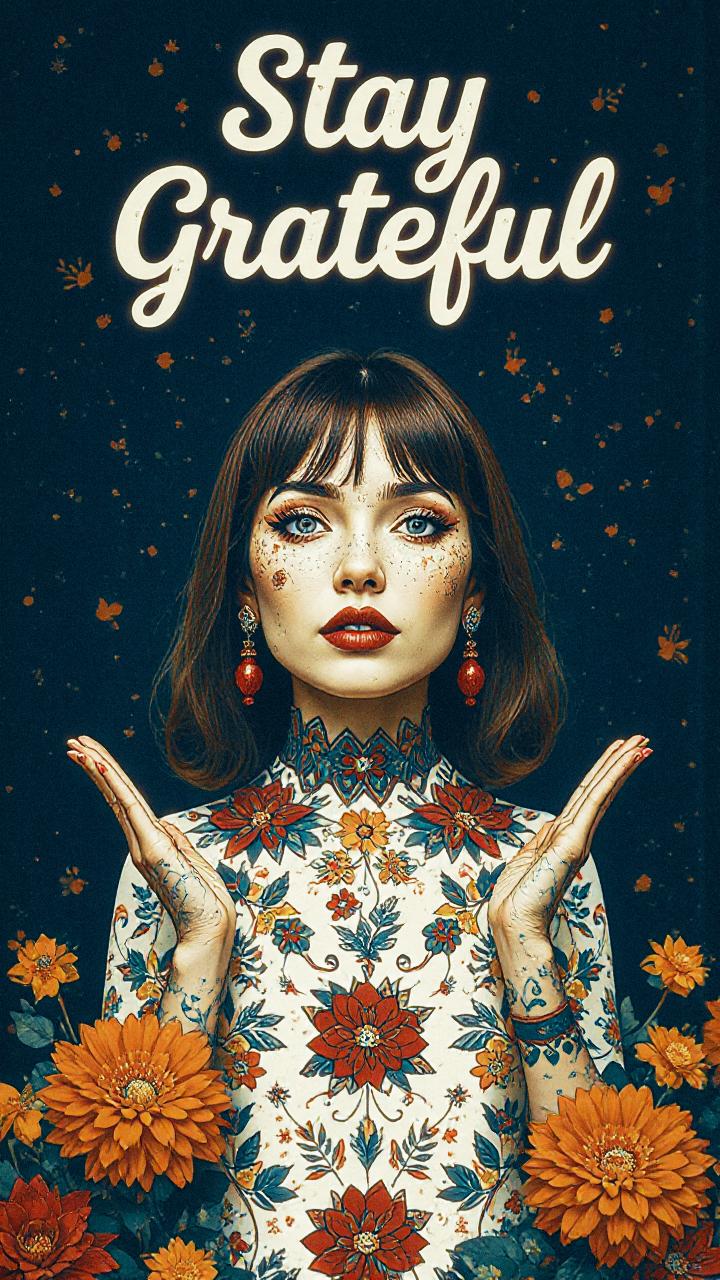 Illustrated woman in floral dress, red earrings, and freckles surrounded by blooms and butterflies with "Stay Grateful" above—a celebration of nature-inspired fashion.