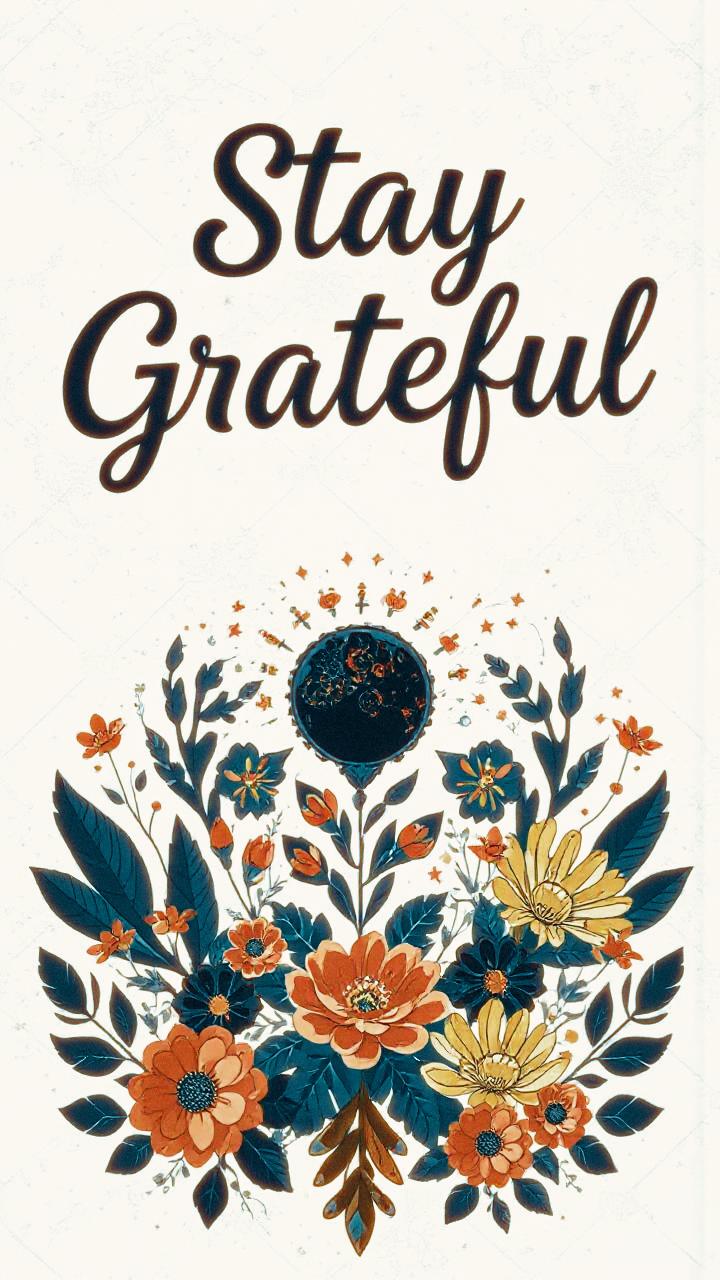 A vibrant floral illustration in orange, yellow, and teal hues frames the phrase "Stay Grateful," offering a stylish touch to positive living.
