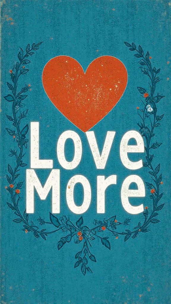A vibrant, stylish orange heart declares "Love More" on a chic teal backdrop, framed by a trendy floral wreath—perfect for fall fashion inspiration.