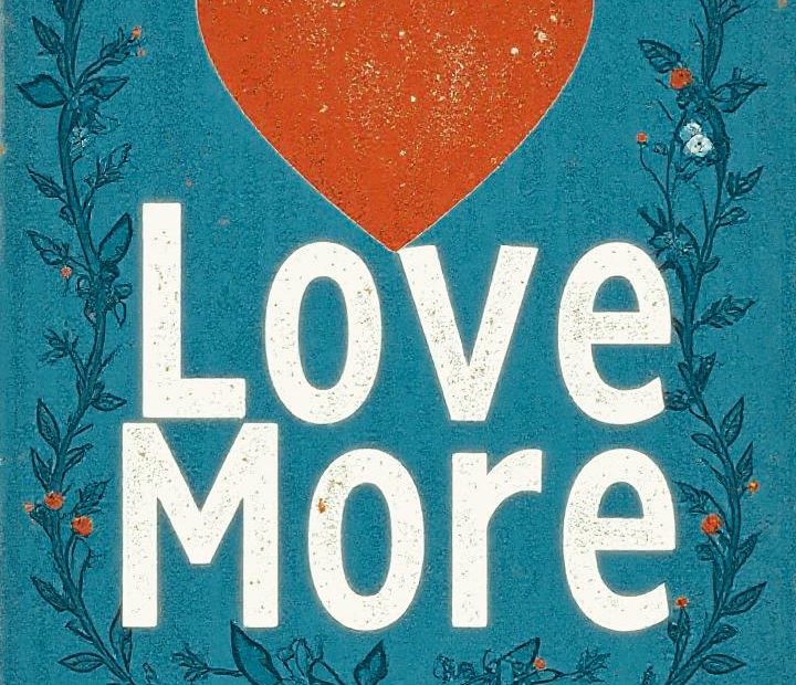 A vibrant, stylish orange heart declares "Love More" on a chic teal backdrop, framed by a trendy floral wreath—perfect for fall fashion inspiration.
