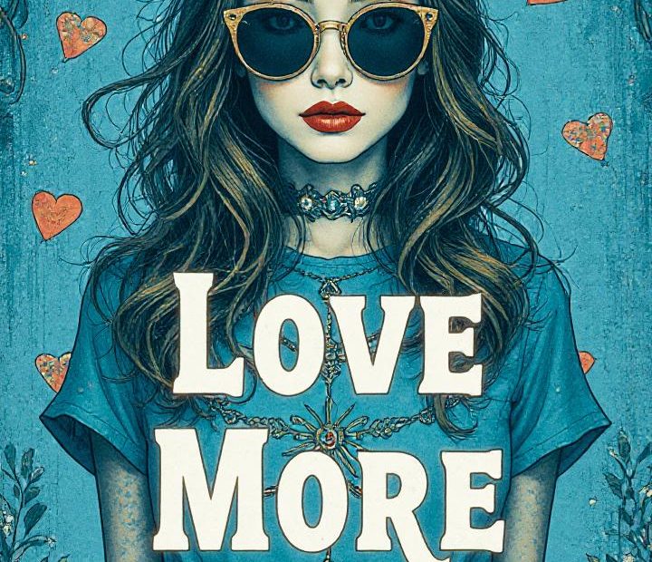 A fashionable woman in a blue intricate dress and floral crown, embodying love and style with sunglasses amid roses, hearts, and bold "Love More.
