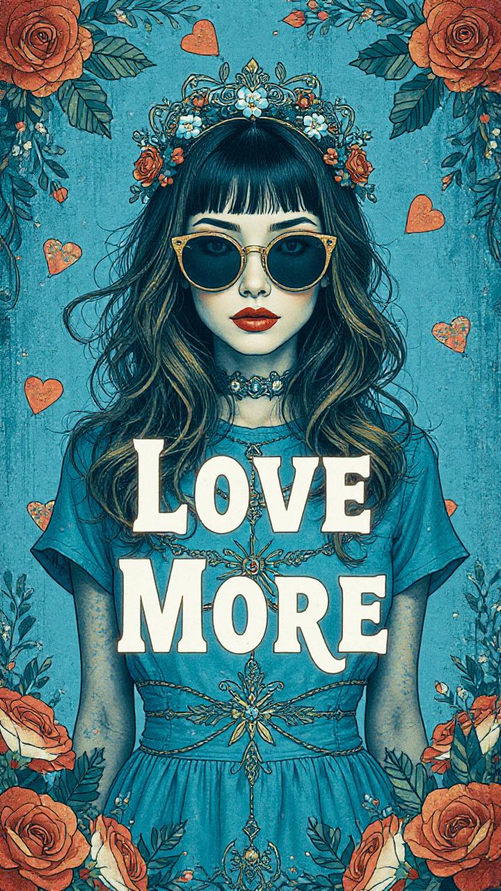 A fashionable woman in a blue intricate dress and floral crown, embodying love and style with sunglasses amid roses, hearts, and bold "Love More.