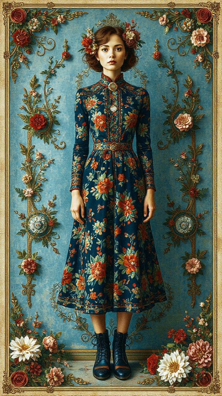 A woman in a long floral dress and matching flower-adorned hair stands against an ornate, vintage-style floral backdrop, exuding elegance.