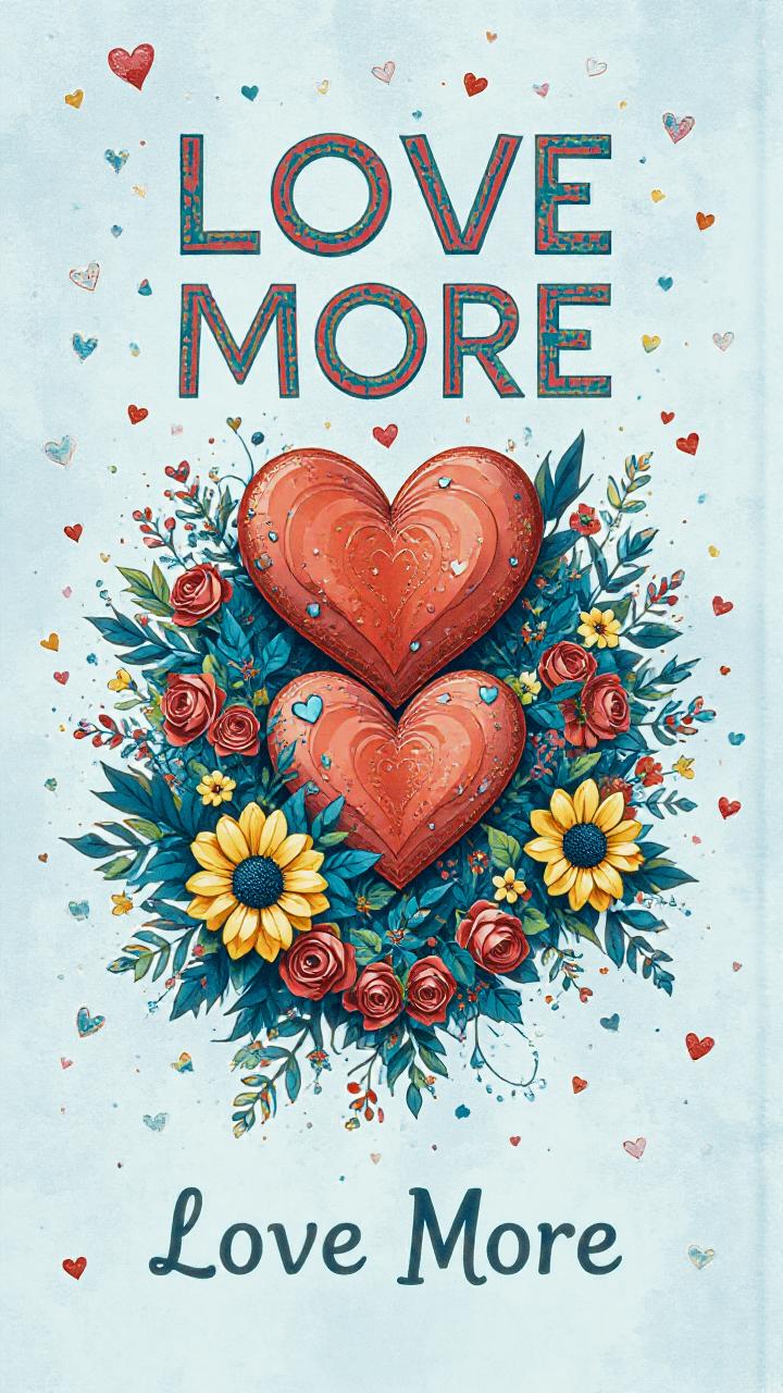 Illustration: "Love More" framed by ornate red hearts adorned with blue leaves, red roses, and yellow sunflowers—trend in romantic boho chic.