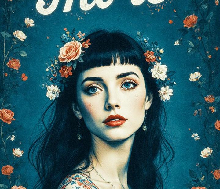 A woman in a floral blouse and flower crown stands amid red and white roses, "Love More" in script—a vision of boho-chic elegance.