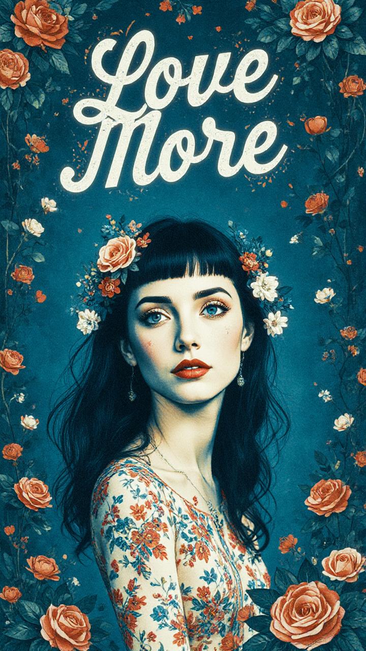 A woman in a floral blouse and flower crown stands amid red and white roses, "Love More" in script—a vision of boho-chic elegance.