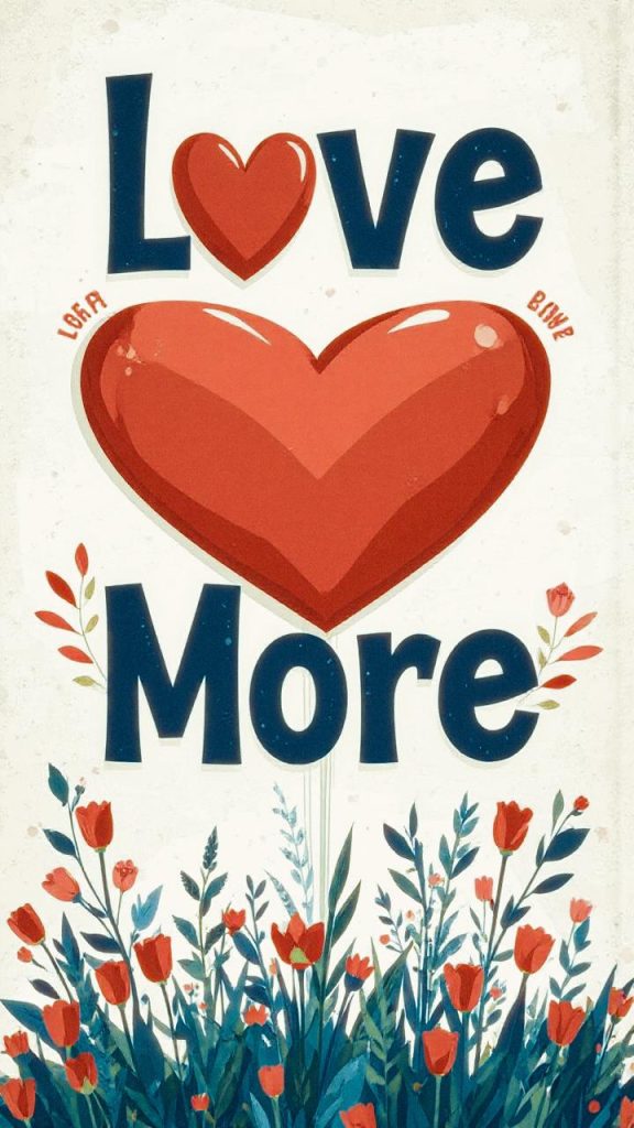 Bold "Love More" poster with a heart in place of the "o," adorned with vibrant red and orange flowers—embrace love's timeless style.