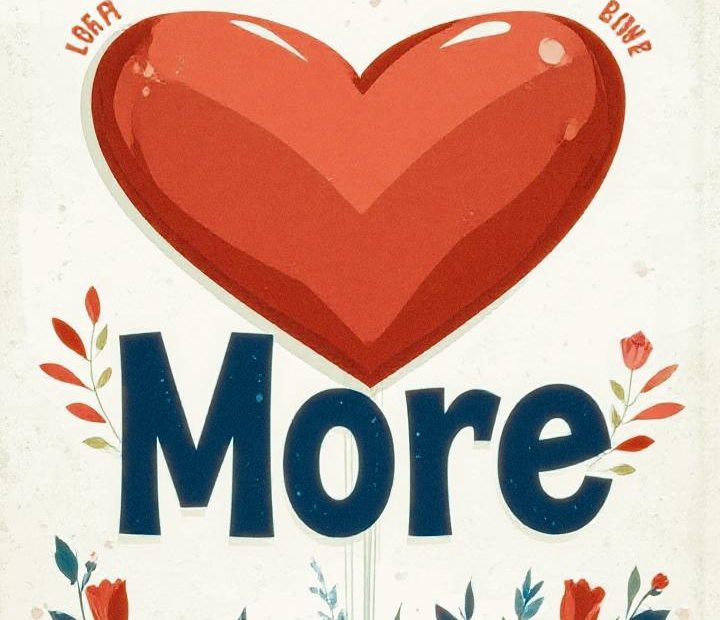 Bold "Love More" poster with a heart in place of the "o," adorned with vibrant red and orange flowers—embrace love's timeless style.