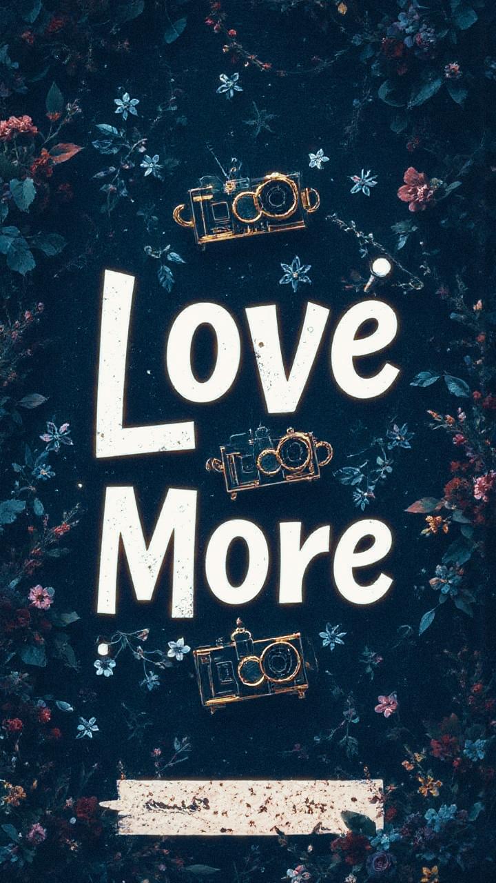 Amidst a backdrop of vibrant florals, bold white "Love More" lettering and vintage cameras evoke timeless style and nostalgic charm.