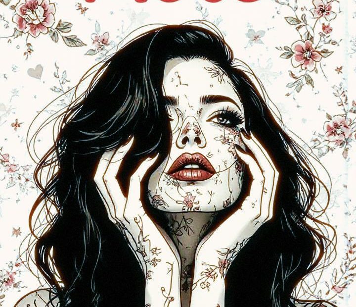 An ethereal woman adorned in floral patterns with flowing hair and hands framing her face; "Love More" blooms boldly above—a fashion met trend.
