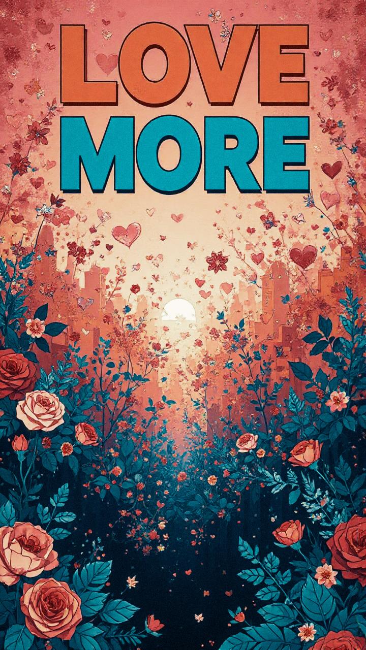 A whimsical scene: "LOVE MORE" at sunset, framed by vibrant flowers and hearts. Soft pinks, reds, and blues blend like a trending fashion palette.