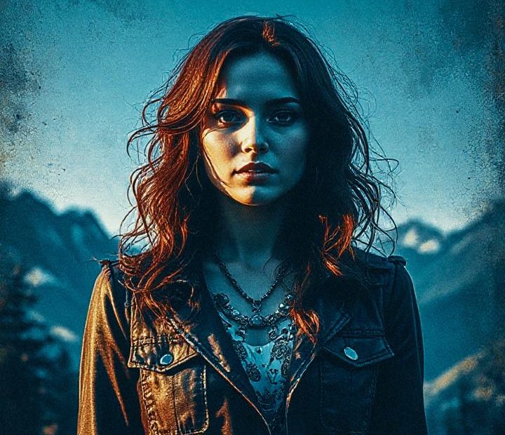 A woman embodies confidence and style in a denim jacket, standing against rugged mountains. Above her, "TRUST YOURSELF" inspires bold fashion choices.