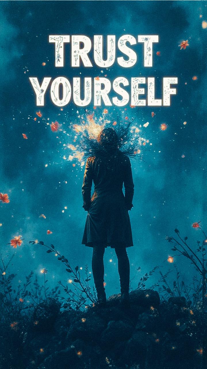 A vibrant silhouette in a flower-filled field, crowned by energy and "TRUST YOURSELF" text—capture the essence of self-confidence in style.