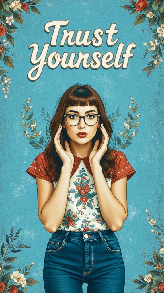Illustration of a stylish woman in glasses, floral shirt, and jeans, framed by florals with "Trust Yourself" on a chic blue backdrop.