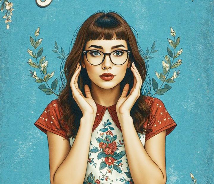 Illustration of a stylish woman in glasses, floral shirt, and jeans, framed by florals with "Trust Yourself" on a chic blue backdrop.
