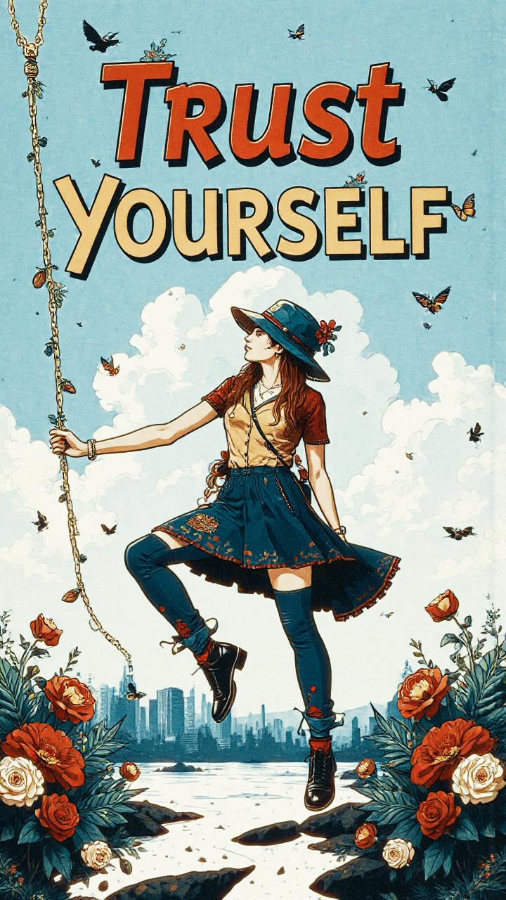 A fashionable girl in a chic dress and hat holds a climbing rope, amid butterflies and flowers, with 'Trust Yourself' in bold above her.