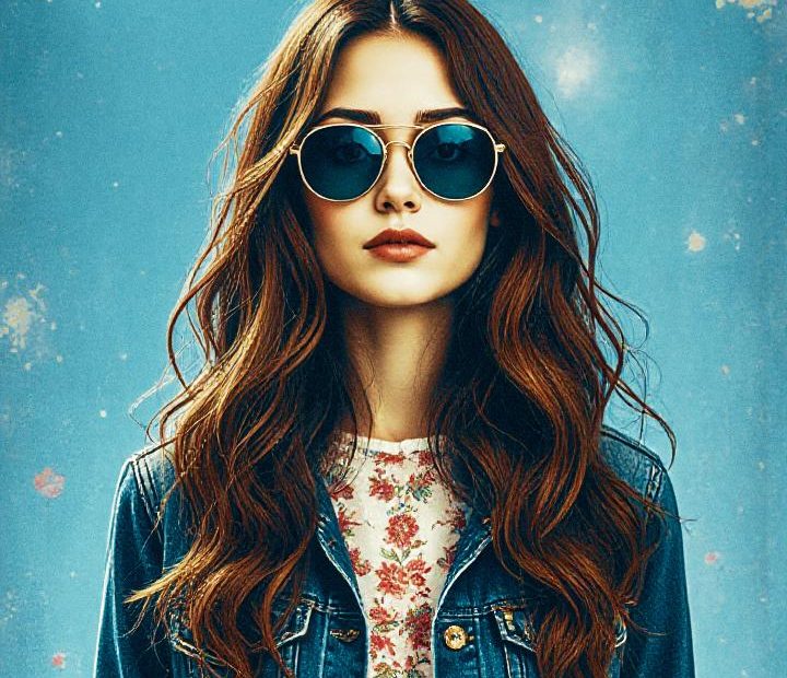 A stylish woman with long brown hair, round sunglasses, floral shirt, and denim jacket stands confidently against a blue backdrop that reads "Trust Yourself." The scene exudes modern chic fashion vibes.