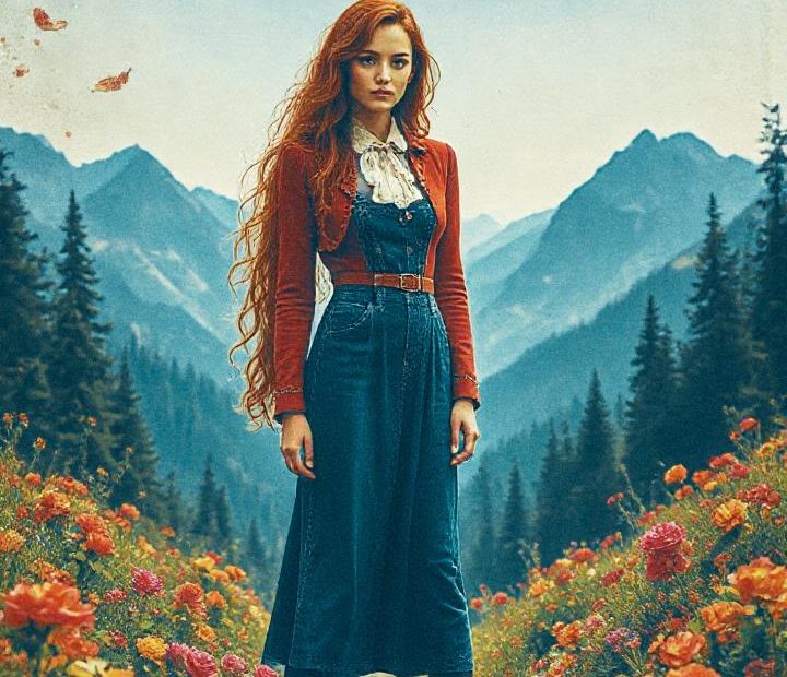 A woman with flowing red hair in a chic blue dress and vibrant red cardigan stands on a floral path, mountains in view; "Trust Yourself" inspires above.