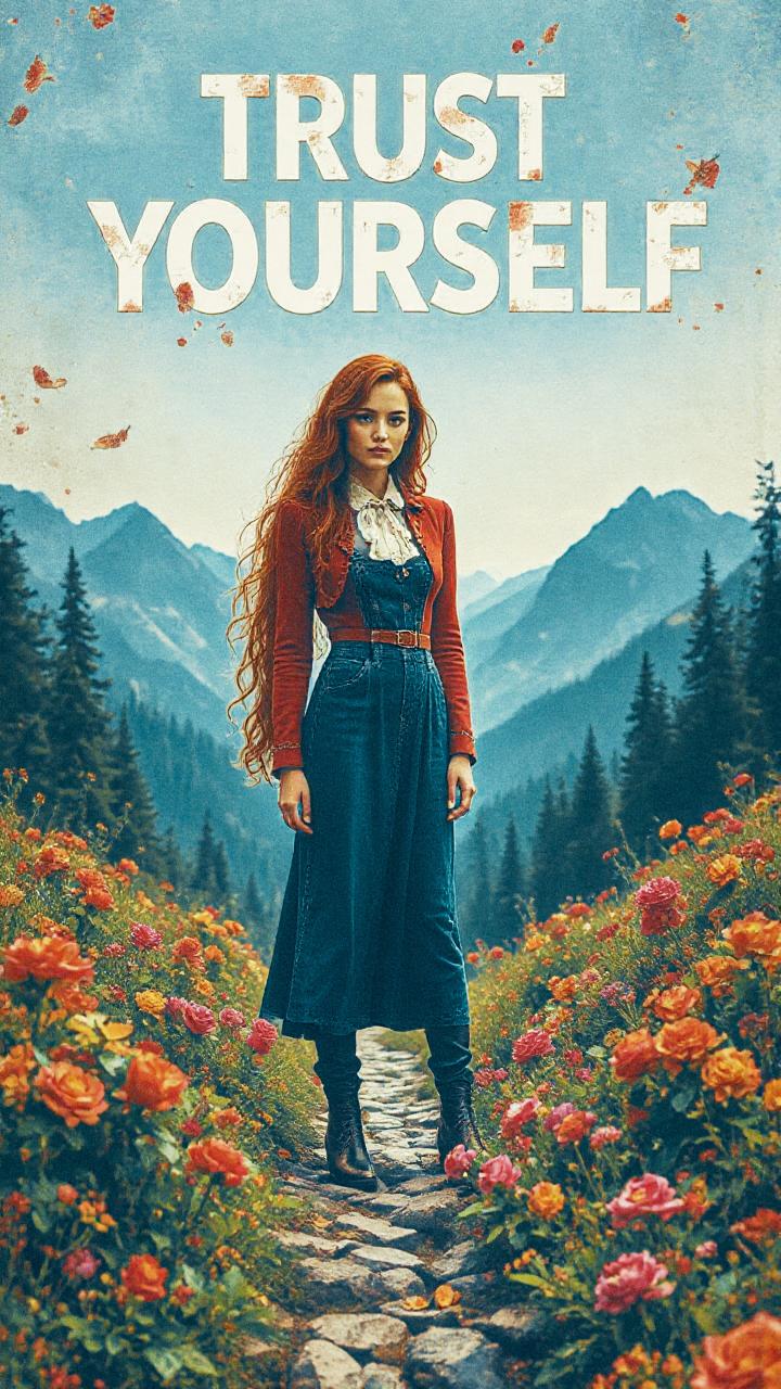 A woman with flowing red hair in a chic blue dress and vibrant red cardigan stands on a floral path, mountains in view; "Trust Yourself" inspires above.