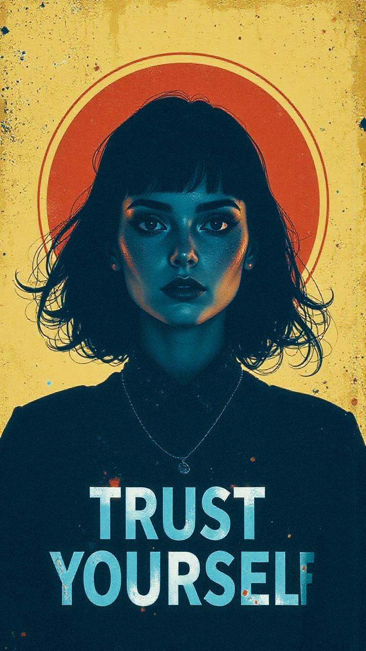 Retro-styled illustration of a confidently chic person with short hair, set against a vibrant yellow backdrop and red halo. "TRUST YOURSELF" is boldly emblazoned below in nostalgic blue and orange hues, echoing vintage fashion's return to contemporary culture.