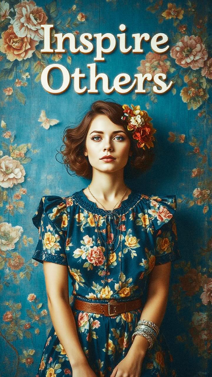 A stylish woman in a blue floral dress and silver bracelet blends with matching wallpaper, embodying floral fashion elegance. "Inspire Others" shines above.