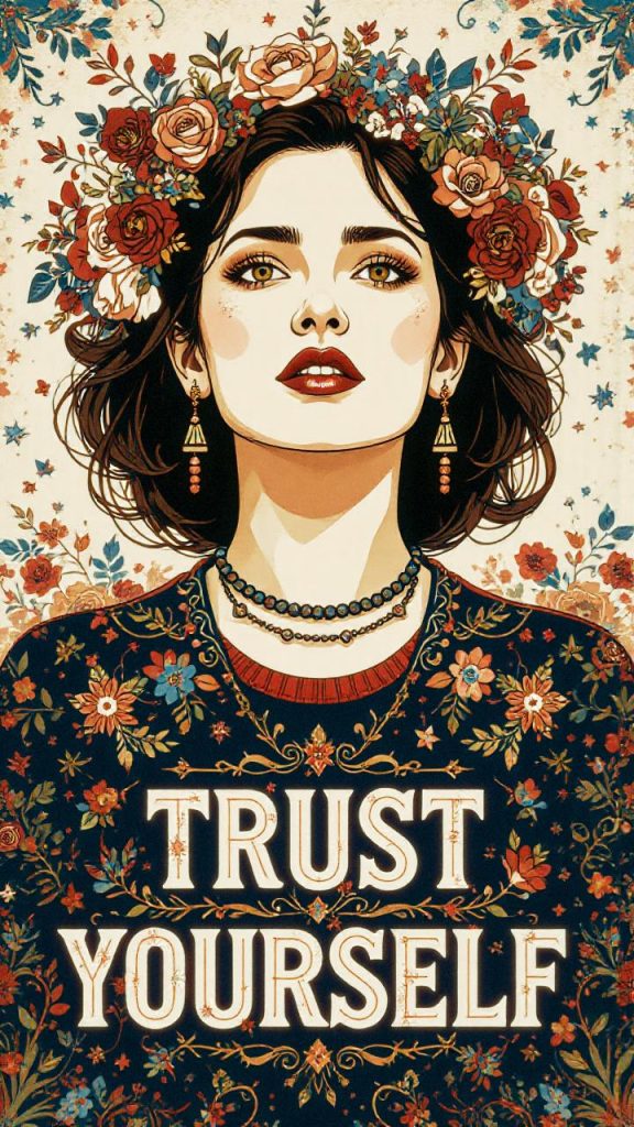 A vibrant illustration of a woman exuding confidence in floral patterns, gold earrings, and bold red lipstick. "Trust Yourself" emblazoned below.