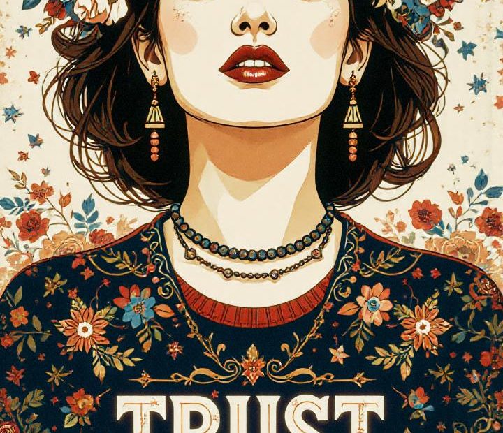 A vibrant illustration of a woman exuding confidence in floral patterns, gold earrings, and bold red lipstick. "Trust Yourself" emblazoned below.