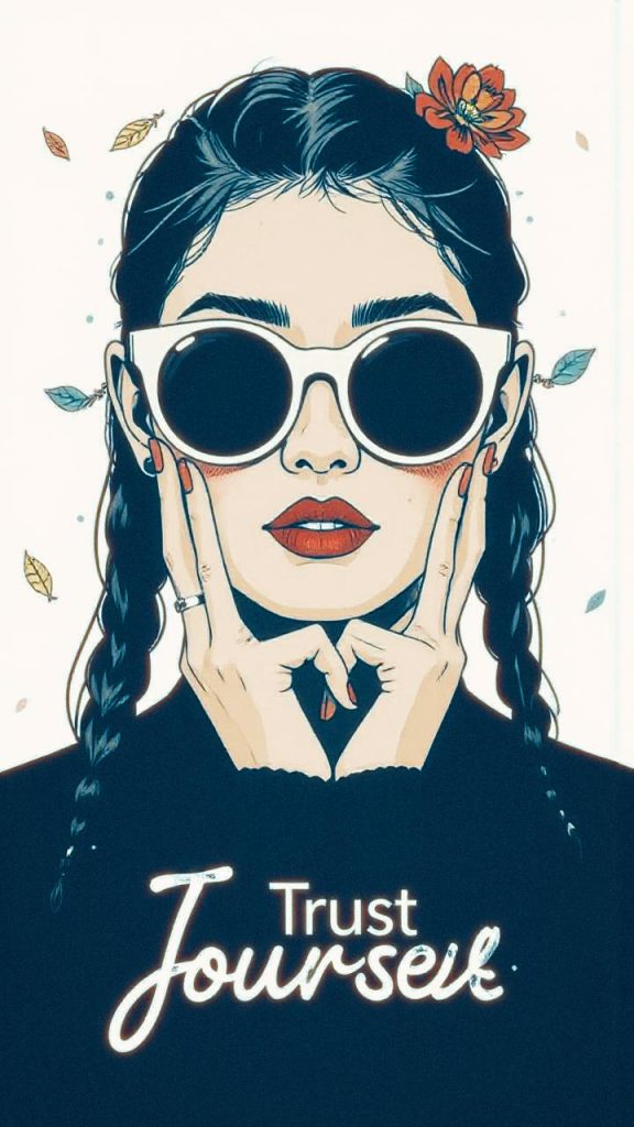 Stylish illustration of a braided beauty in sunglasses and red lips, set against floating leaves. A floral hairpiece tops her chic black top. Stylized 'Trust Yourself' completes the bold, confident look.