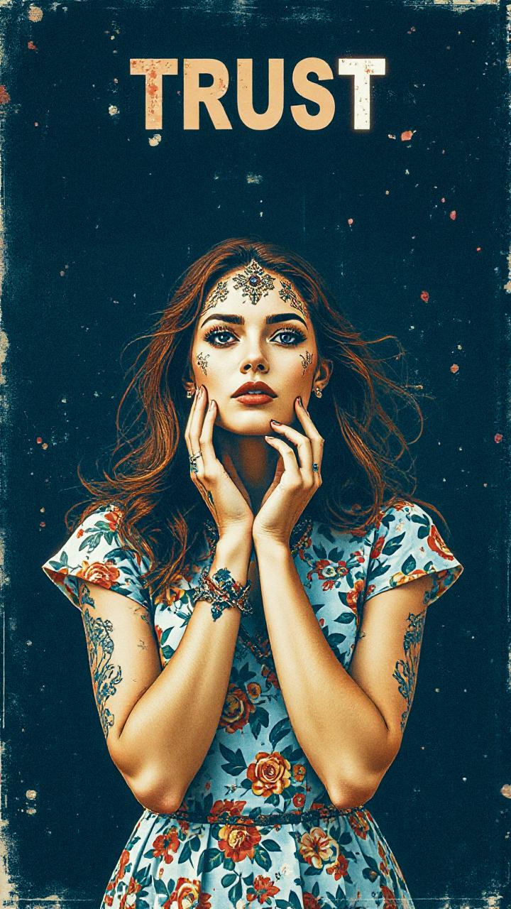 A tattooed woman in a floral dress gazes upward, blending bohemian style against a starry backdrop with "TRUST" shining above.