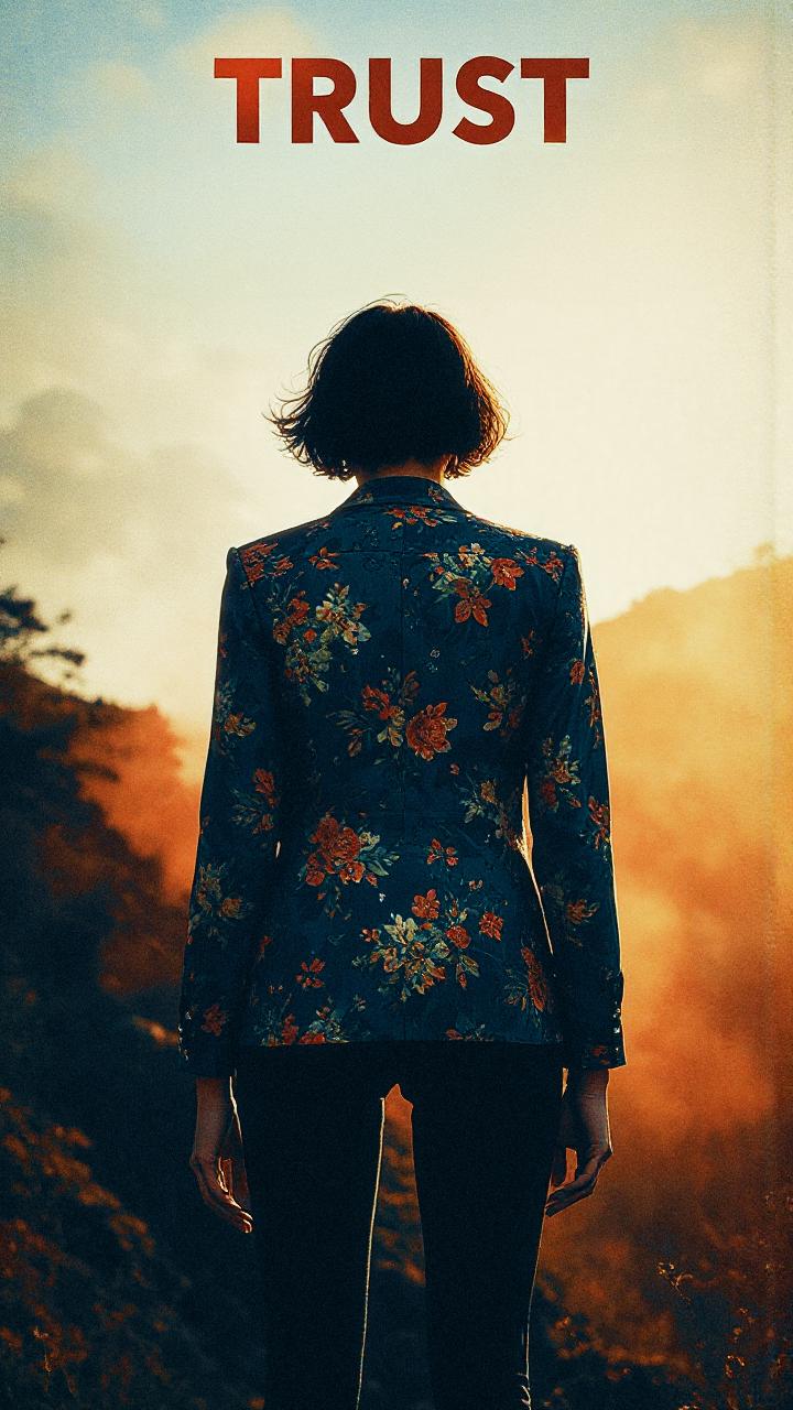 A person with short hair dons a chic floral jacket at sunrise, embodying bold style. "TRUST" emblazoned above against misty hills.