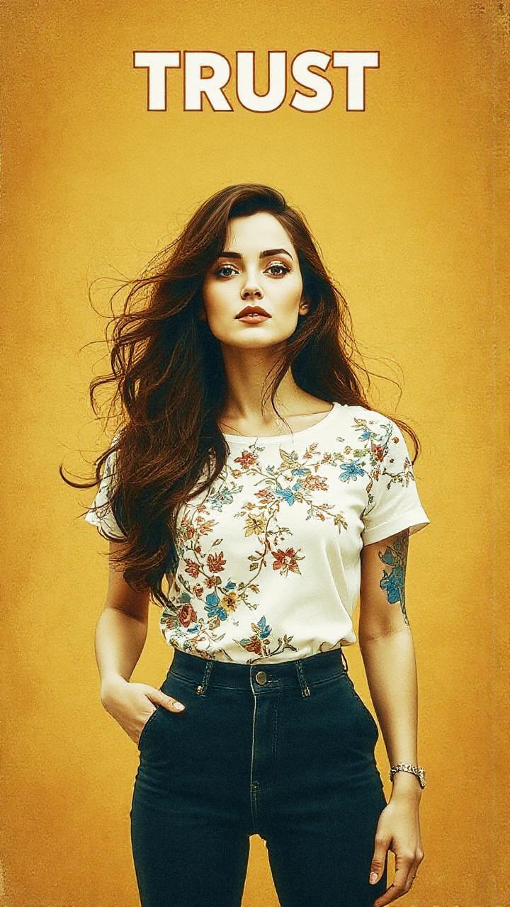 A confident woman with long hair wears a trendy floral shirt and jeans against a mustard backdrop. "TRUST" stands out boldly above her.