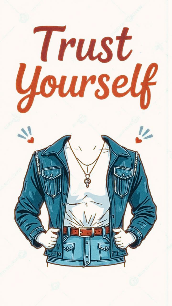Fashion-forward illustration: denim jacket & white tee combo with a key necklace, exuding chic confidence. "Trust Yourself" in bold, flanked by hearts.
