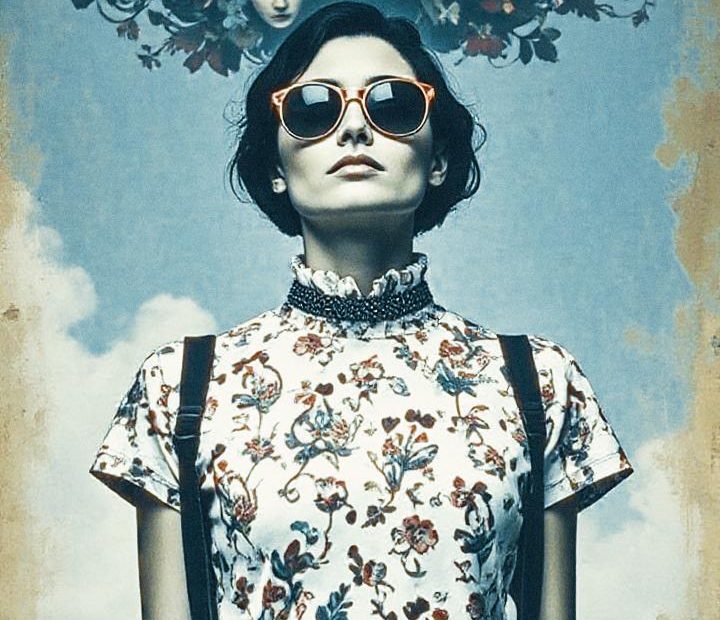 A confident woman in chic sunglasses and a floral top with suspenders poses against a cloudy sky. Bold text reads "Trust Yourself," adorned with floral art.