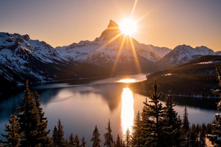Golden sunset glows over snow-capped peaks and a mirrored lake, capturing nature’s timeless elegance—a trend in winter fashion palettes.